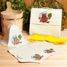 Набор для бани и сауны 5 в 1(сумка,шапка,варежка,коврик,мочалка),с принтом "Жар Пар",белый