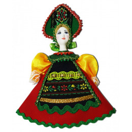 Кукла малая краснозеленый наряд, желтые рукава, аф47, елочная игрушка