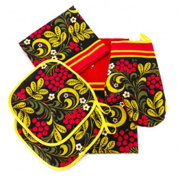 Текстиль набор Хохлома, 5 предметов, полотенце 2 шт., фартук, рукавичка и прихватка