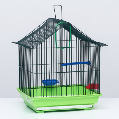 Клетка для птиц малая, крыша-домик (с наполнением)35 х 28 х 43 см зеленая